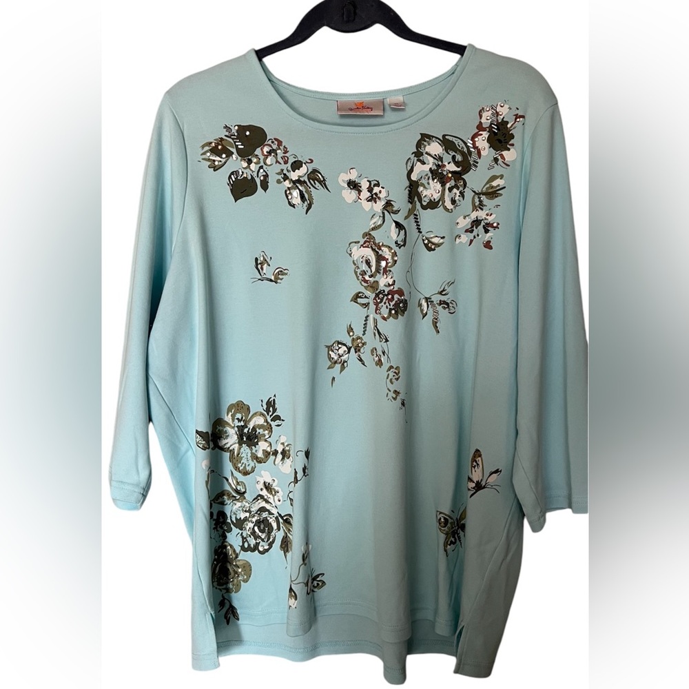 Quacker Factory Light Blue Shirt with Flowers and Rhinestones